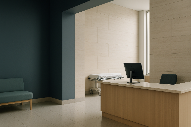 International hospital reception area illustrating medical tourism with diverse patients and staff.