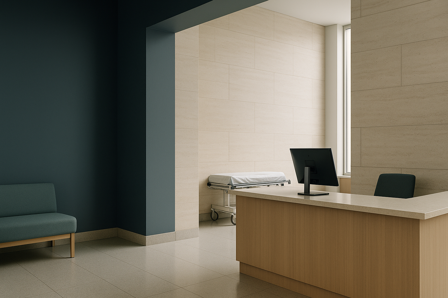 International hospital reception area illustrating medical tourism with diverse patients and staff.