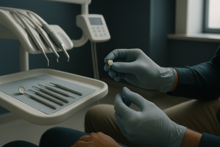 Dentist explaining what is zirconia crown to a patient in a modern dental clinic setting.
