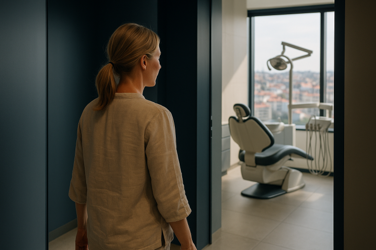 Modern dental clinic in Turkey where many have had veneers done, showcasing equipment and a city view.