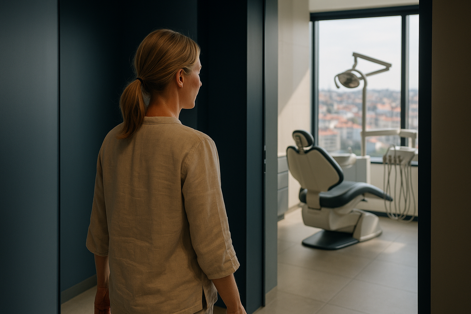 Modern dental clinic in Turkey where many have had veneers done, showcasing equipment and a city view.