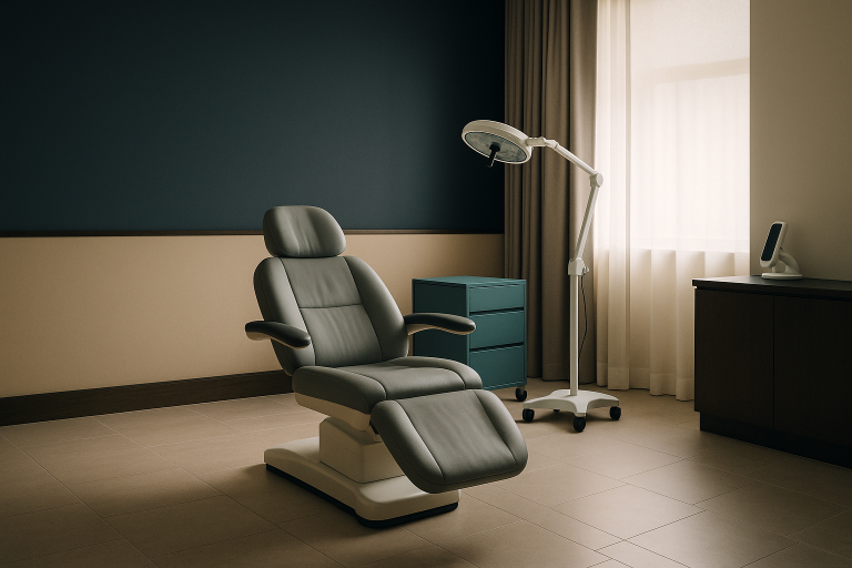 Modern hair transplant clinic in Turkey, featuring advanced equipment and a patient consulting with a surgeon.