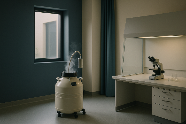Women freezing eggs process in an embryology lab with cryopreservation equipment.