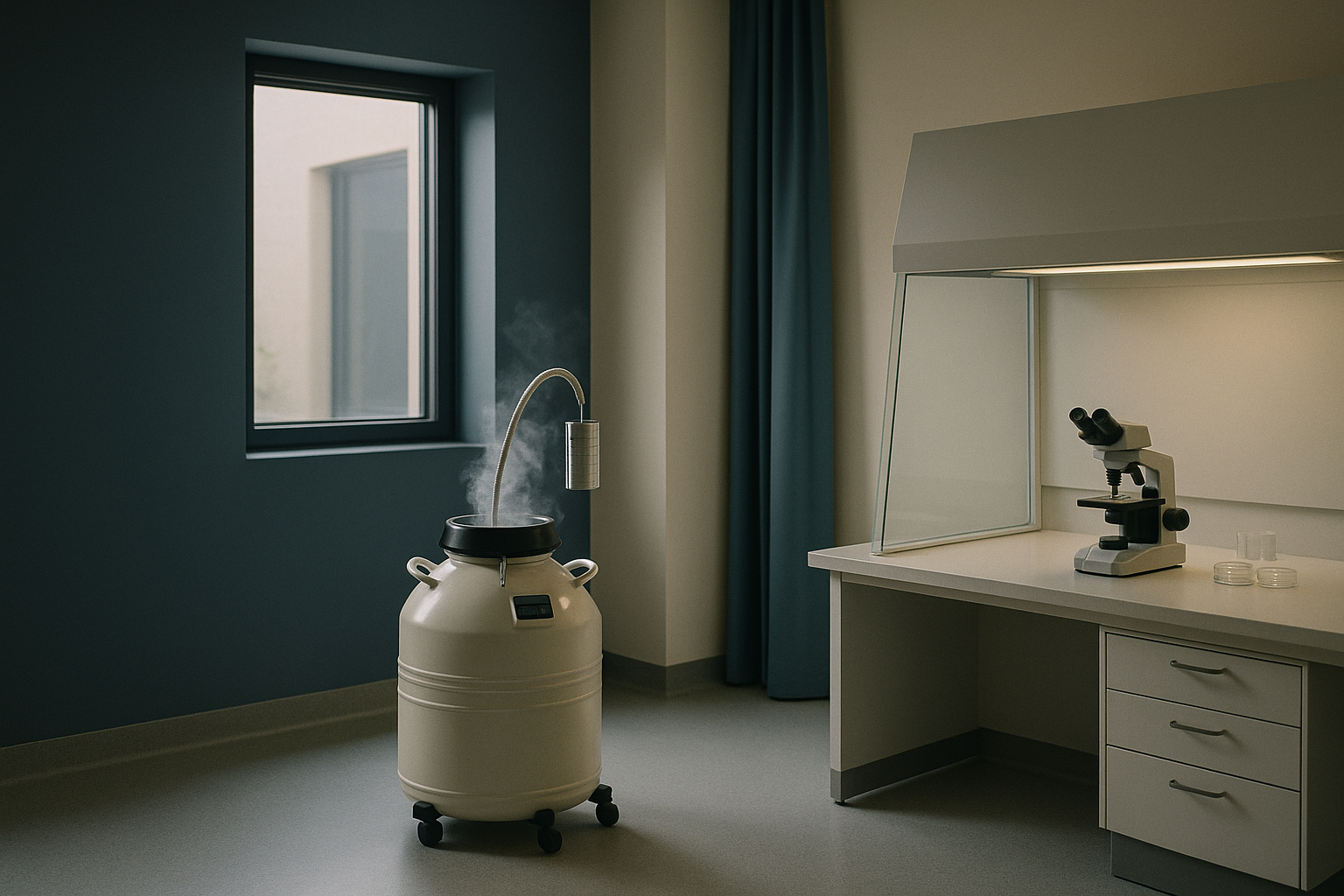 Women freezing eggs process in an embryology lab with cryopreservation equipment.