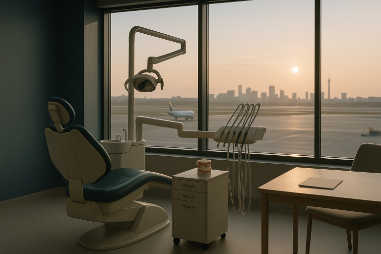 Dental professional discussing zirconium crowns with a patient in a modern clinic.