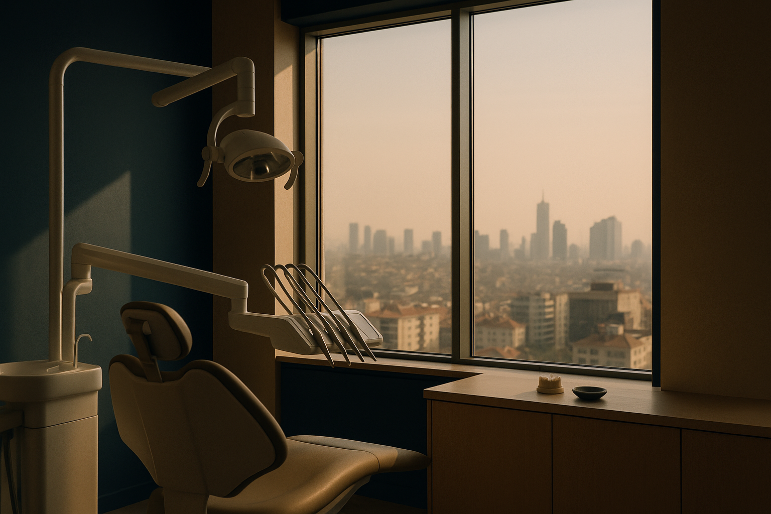Dental clinic in Istanbul offering zirconium crowns with a view of the city skyline.