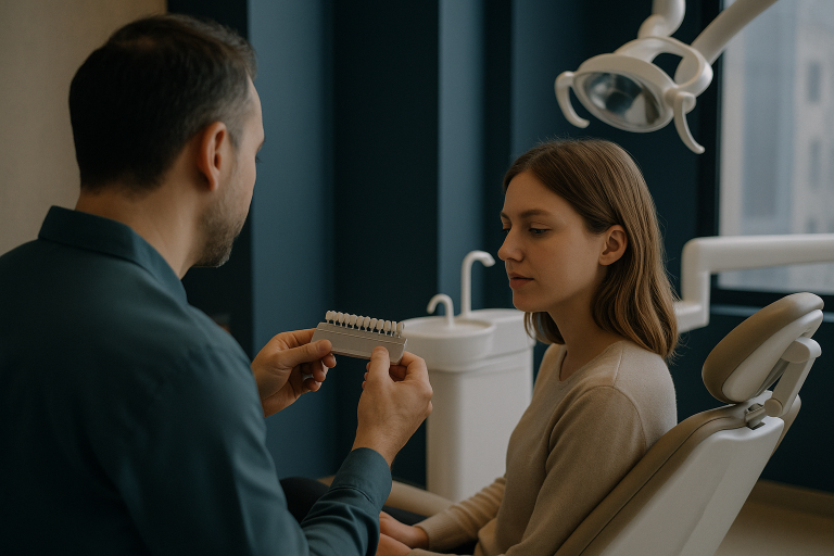 A dentist in Istanbul showing zirconium veneers to a patient in a modern dental clinic.
