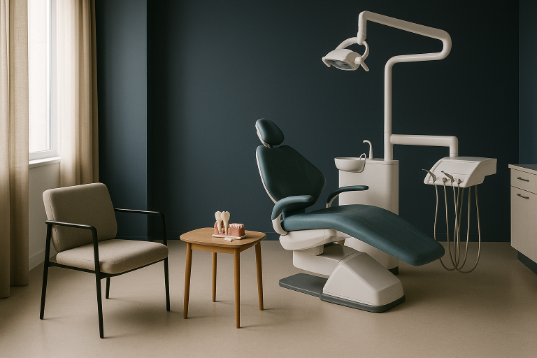 Dentist explaining affordable dental implants using a model in a modern dental clinic.