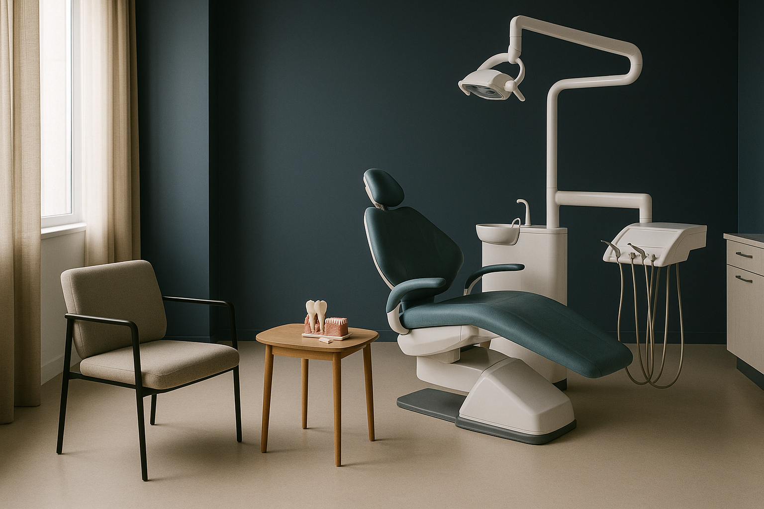 Dentist explaining affordable dental implants using a model in a modern dental clinic.