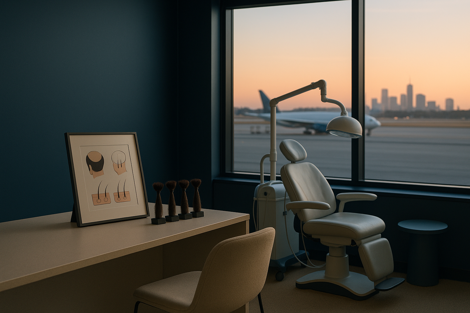 A consultation room in a hair restoration clinic focused on African American hair implants, with equipment and hair samples.