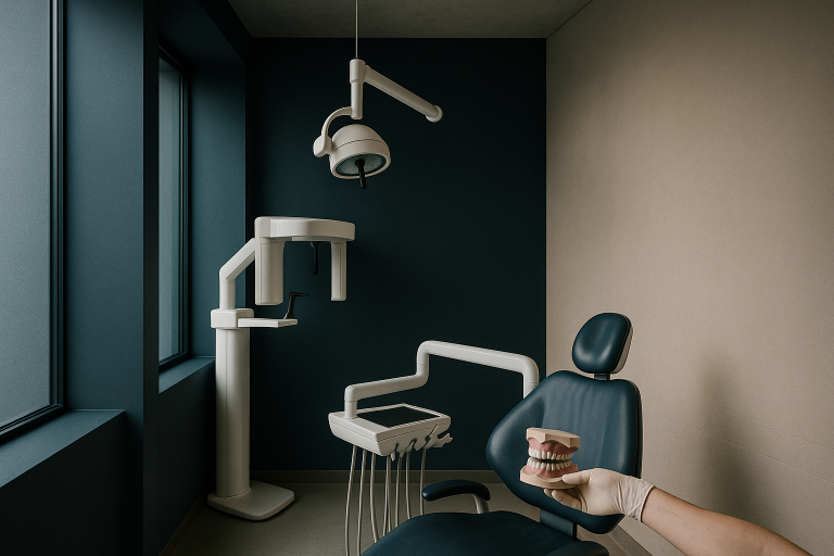 Dentist demonstrating 'All on 4' dental implants in a modern clinic setting.