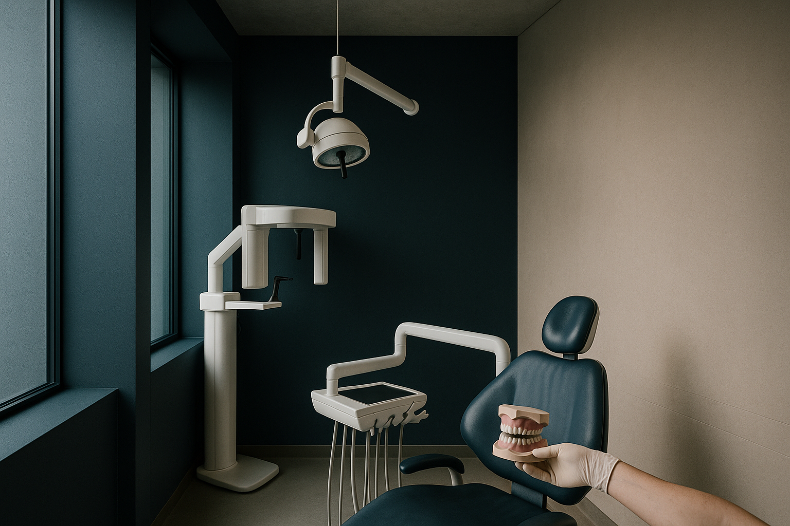 Dentist demonstrating 'All on 4' dental implants in a modern clinic setting.