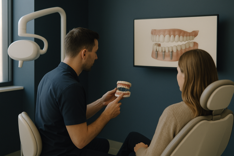 Dentist explaining 'All on Four' implant cost and procedure to a patient in a modern dental clinic.