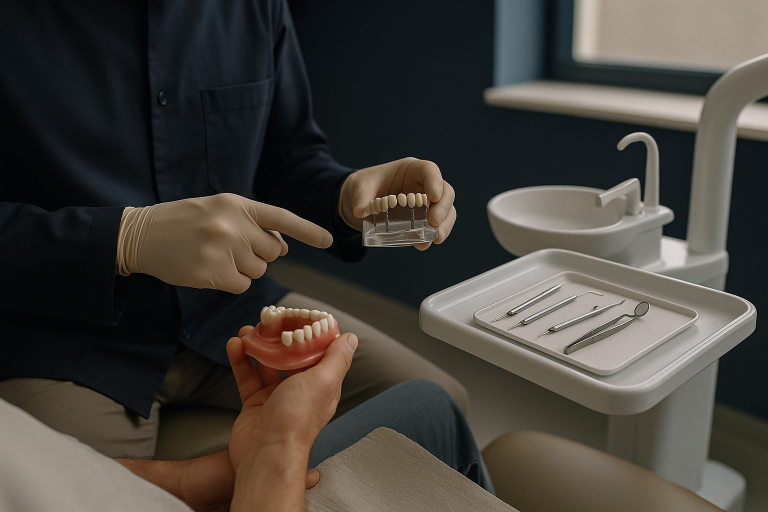 Dentist explaining the 'All on Four' implant technique in a dental clinic.