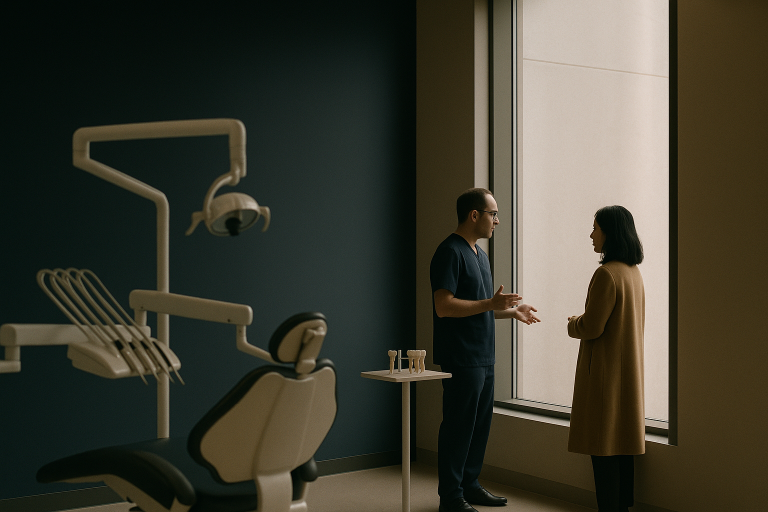 Dental clinic showcasing 'All on Four' implants procedure with dentist and patient.