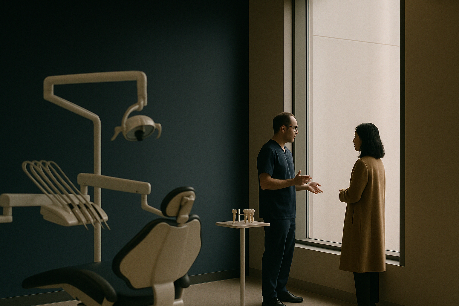 Dental clinic showcasing 'All on Four' implants procedure with dentist and patient.