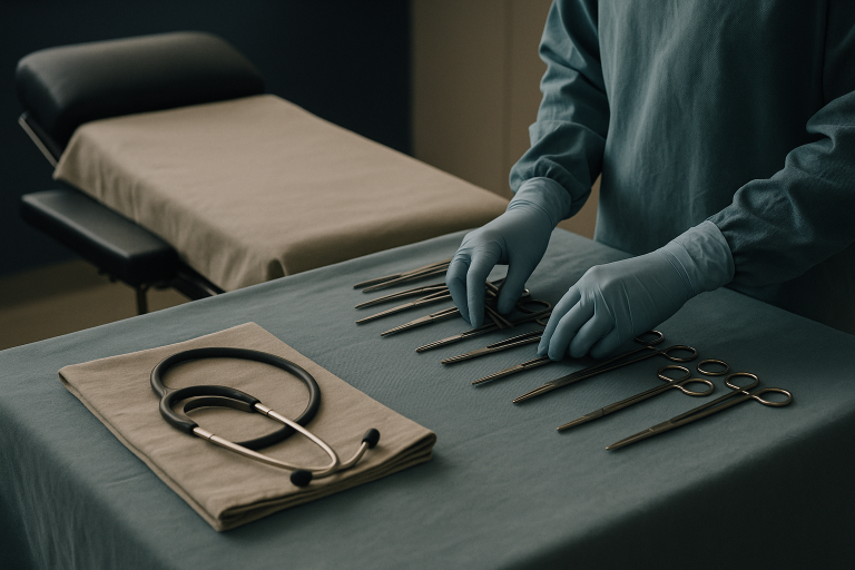 Operating theatre prepared for arm reduction surgery with medical staff and equipment.
