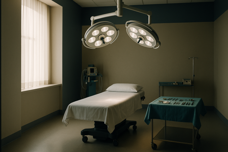 Operating theatre prepared for arm tuck procedure with surgical equipment and hospital bed.