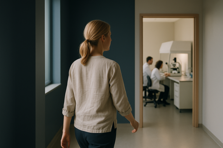 Consultation in a fertility clinic discussing artificial insemination cost and procedures.