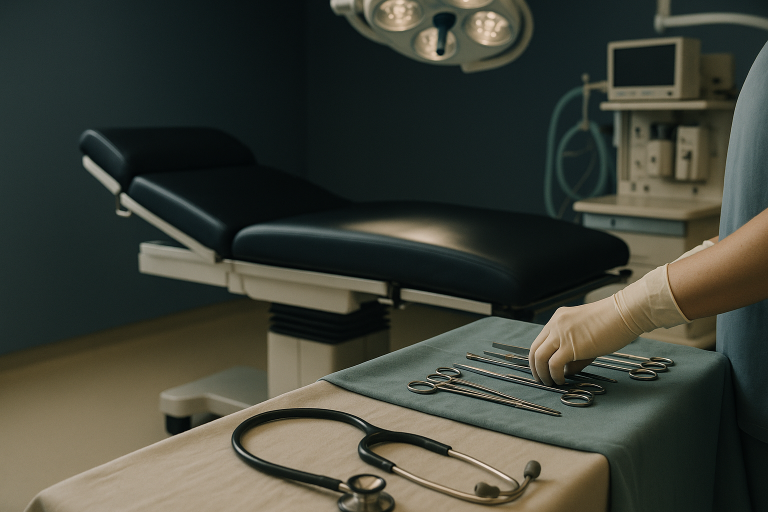Modern operating theatre prepared for bariatric surgery, highlighting bariatric surgery requirements.
