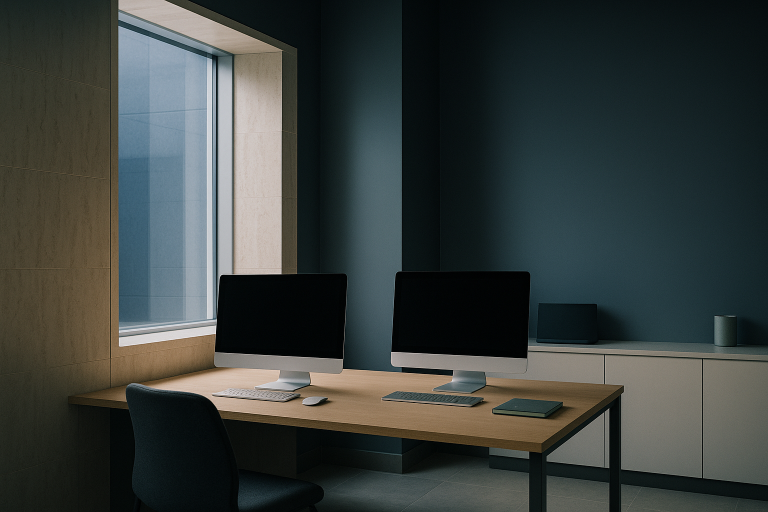 Modern executive workspace for pharmaceutical lead generation marketing platforms.