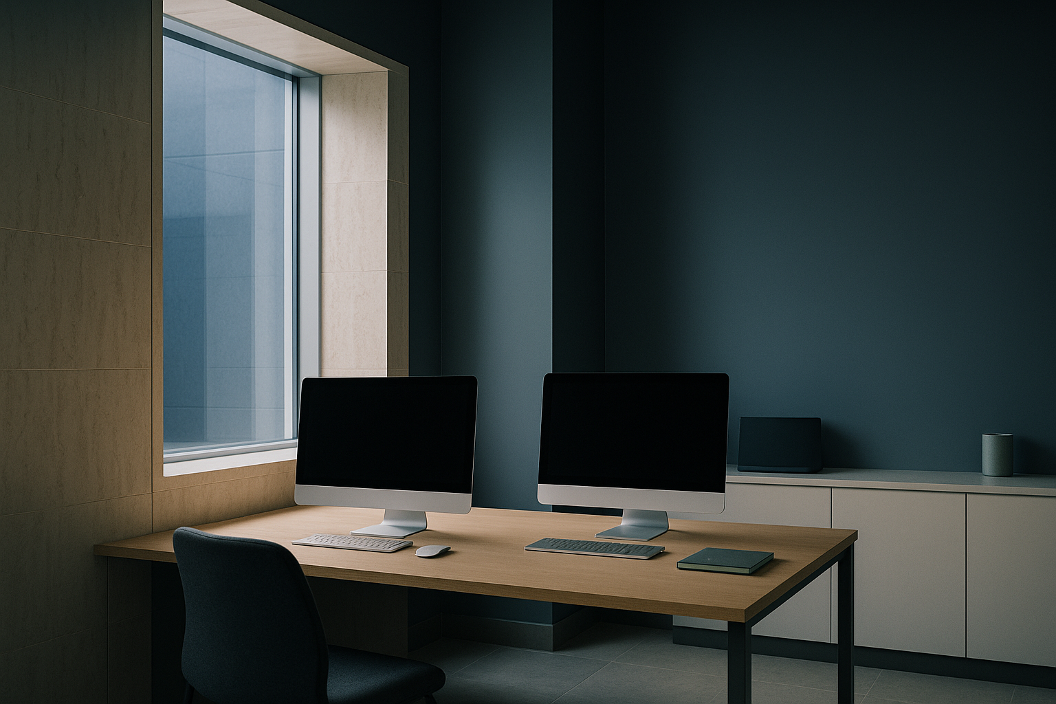 Modern executive workspace for pharmaceutical lead generation marketing platforms.