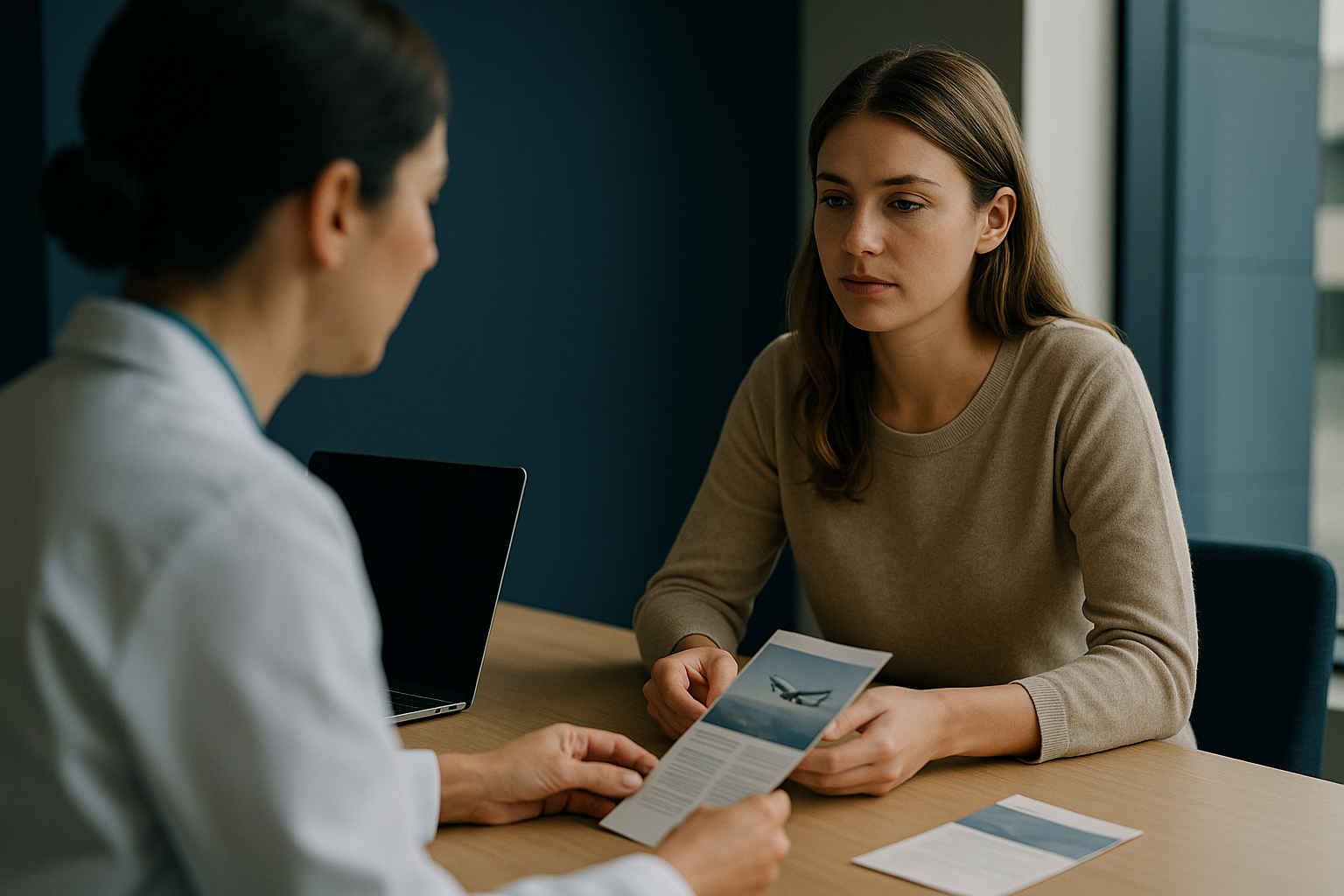 Patient and healthcare professional discussing travel after chemotherapy treatment in a hospital setting.