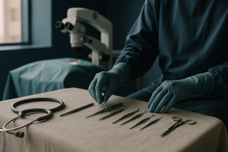 A surgeon performing canthoplasty for negative canthal tilt in a modern operating theatre.