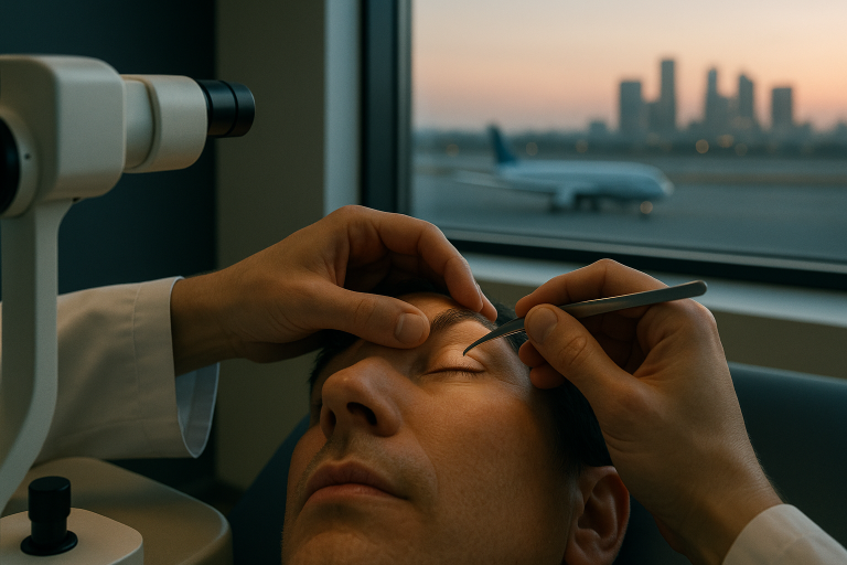 Medical professional examining patient's canthus eyelid structure in an ophthalmology clinic.