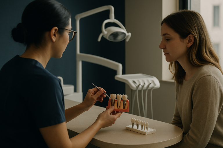 A dentist in a modern clinic explaining the cost of dental implants to a patient using dental models.