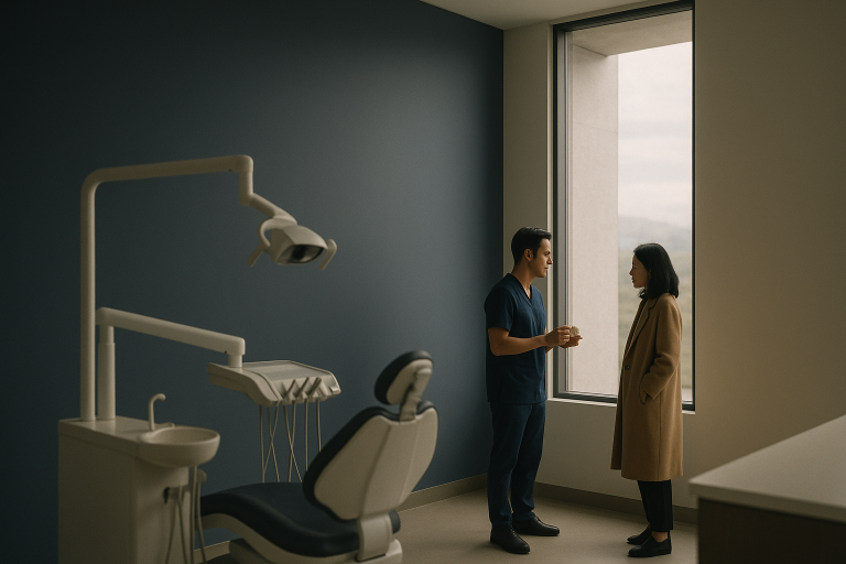 A dentist discussing dental implant costs in a contemporary Costa Rican dental clinic.