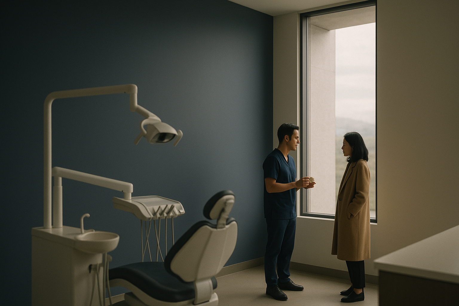 A dentist discussing dental implant costs in a contemporary Costa Rican dental clinic.