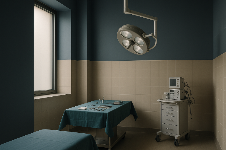 Operating theatre set for nose reduction surgery, showcasing surgical tools and equipment.