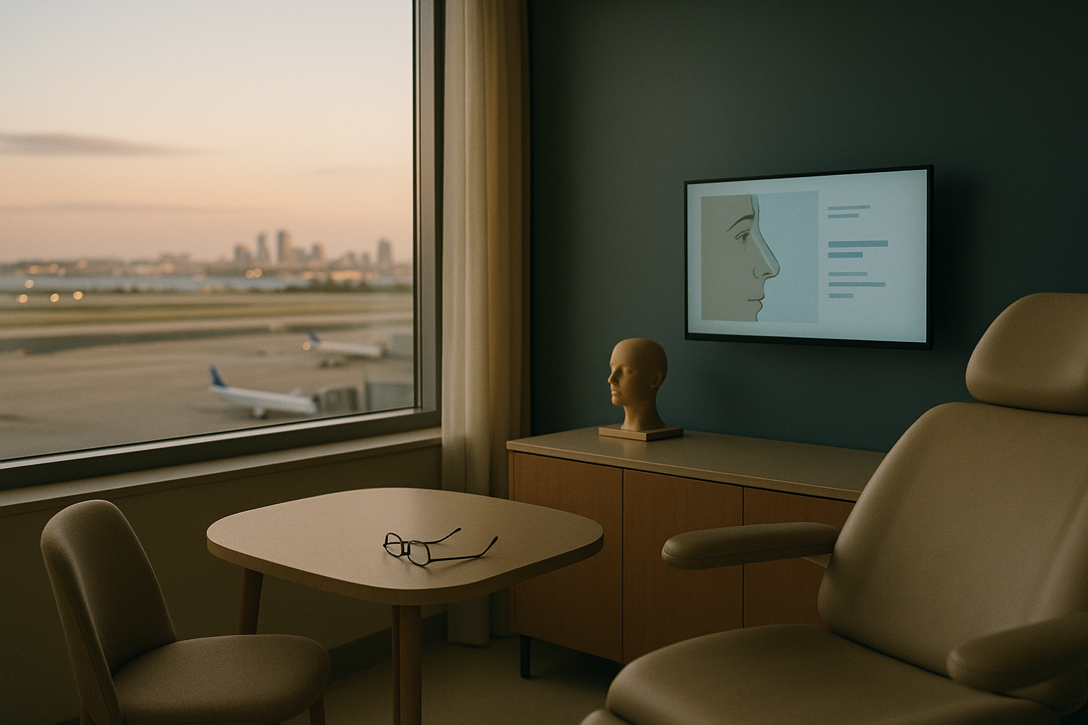 Surgeon discussing the cost of nose reshaping with a patient in a consultation room.