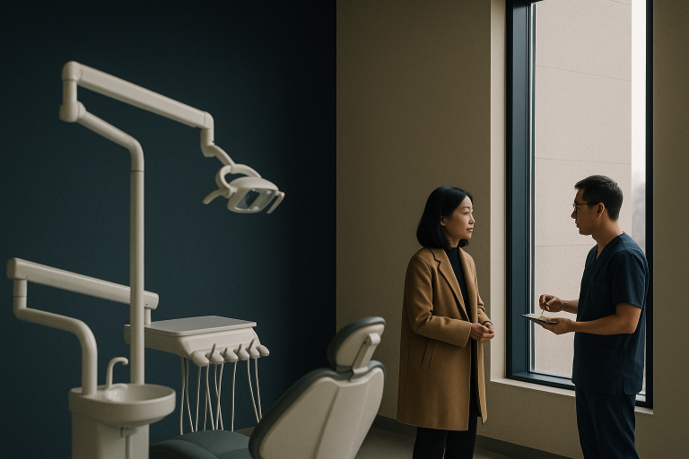 A dentist in a modern clinic preparing veneers for a patient, illustrating the cost of veneers dental.