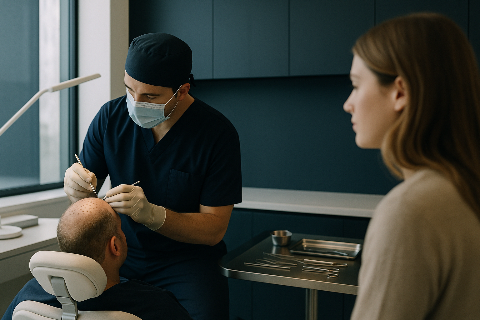 A surgeon performing a crown hair transplant in a modern clinic setting.