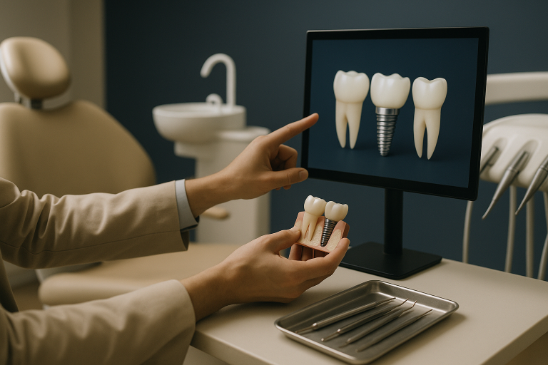 Dentist discussing dental implant cost options with a patient in a modern clinic.