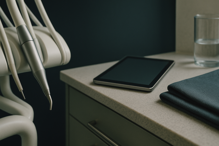 Dentist and patient using a dental implants cost calculator in a modern clinic.