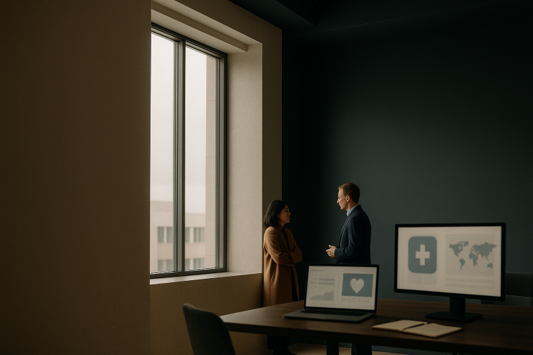Digital health marketing strategy meeting in a modern executive workspace.