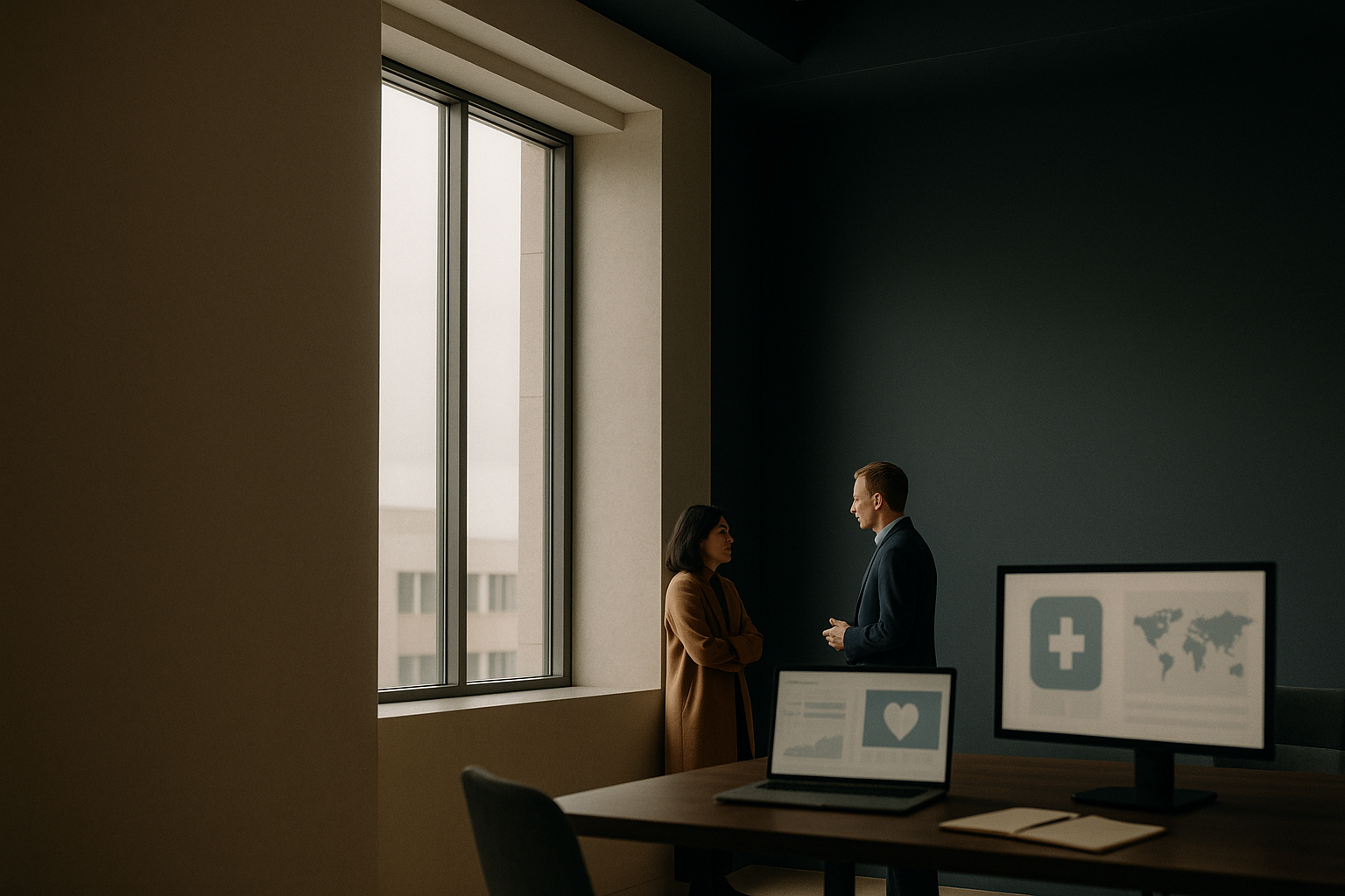 Digital health marketing strategy meeting in a modern executive workspace.