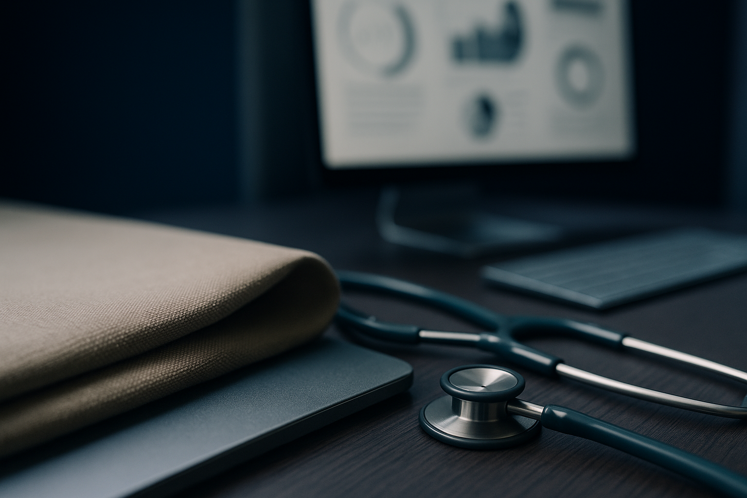 Digital marketing for medical practices displayed on computer screens in an executive workspace.