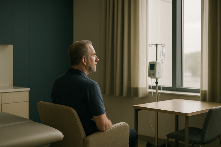 Doctor consulting a patient on driving after chemotherapy in a hospital setting.