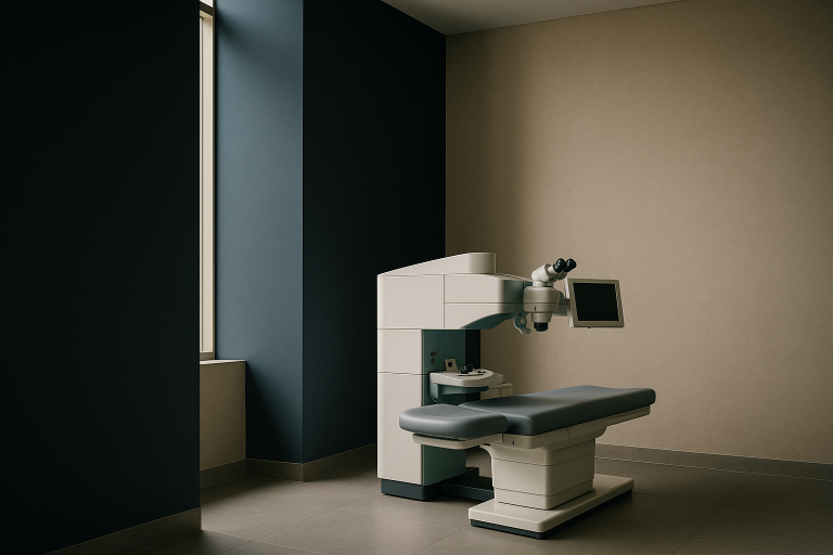 Ophthalmologist in a modern clinic discussing eye color change laser procedure with a patient.