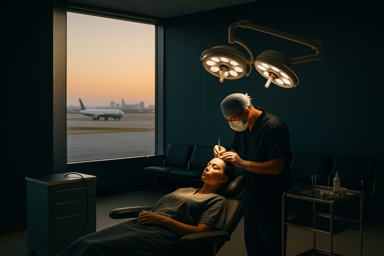 A female hair transplant procedure in progress, showcasing hair plugs for women.