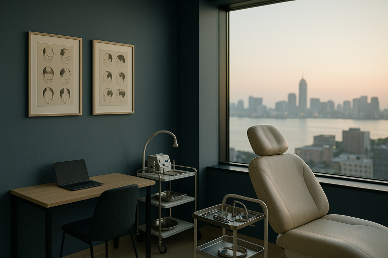 Consultation for female hairline transplant in a modern clinic.