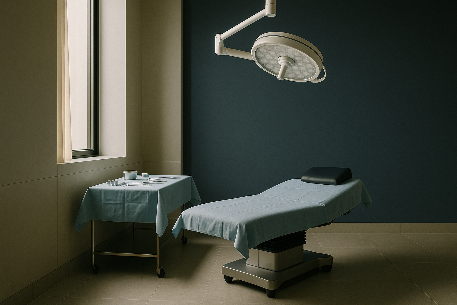 Operating theatre prepared for forehead reduction surgery, illustrating the procedure's setting with medical equipment.