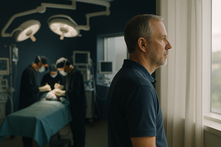 Surgeons performing forehead reduction surgery in a modern operating theatre.