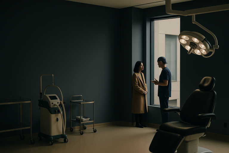 Hair graft procedure in a modern clinic, highlighting advanced equipment and medical professionals.