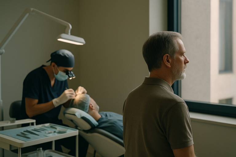 Hair growth operation in progress using FUE technique in a modern surgical setting.