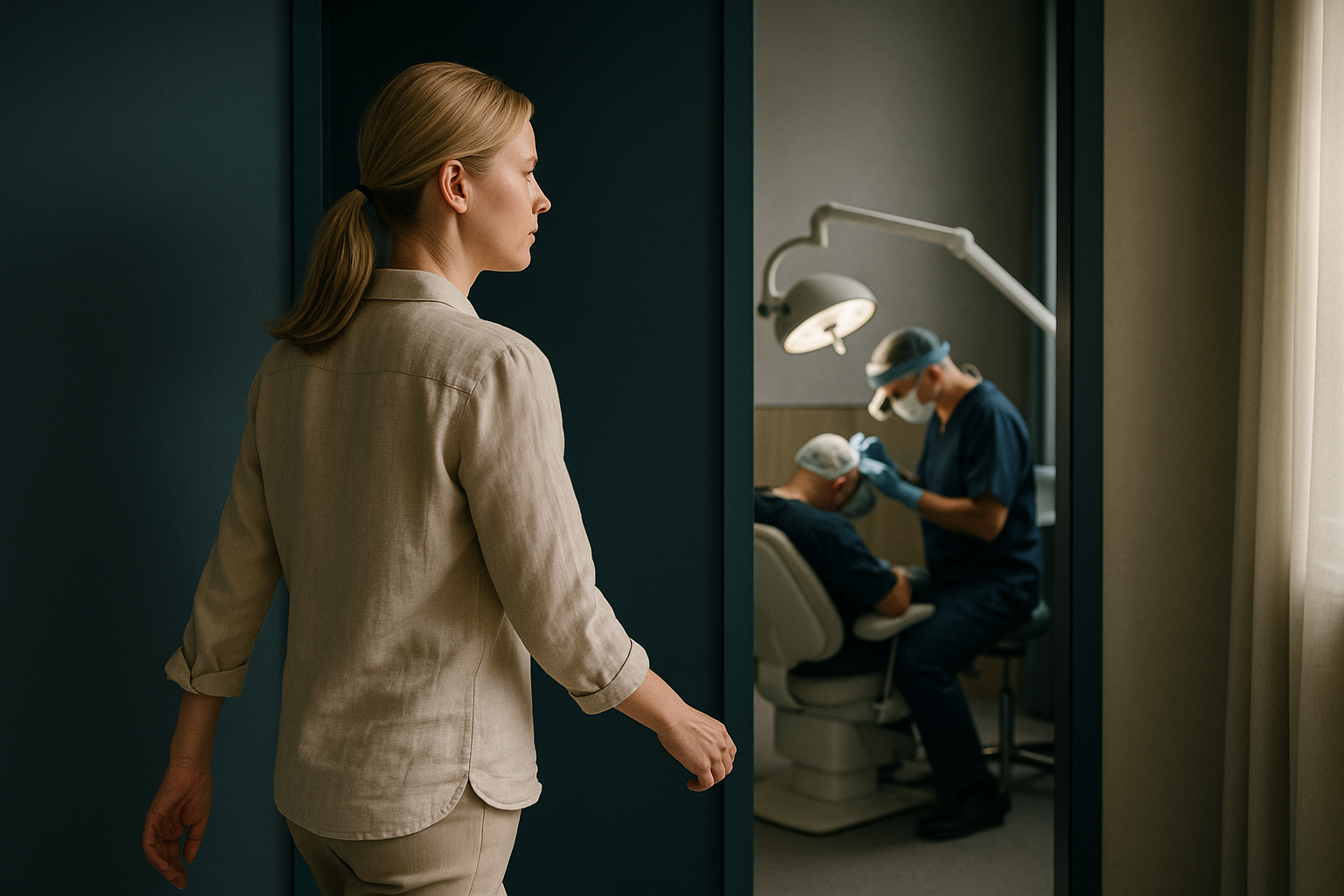 Female patient receiving a FUE hair implant procedure in a modern clinic setting.